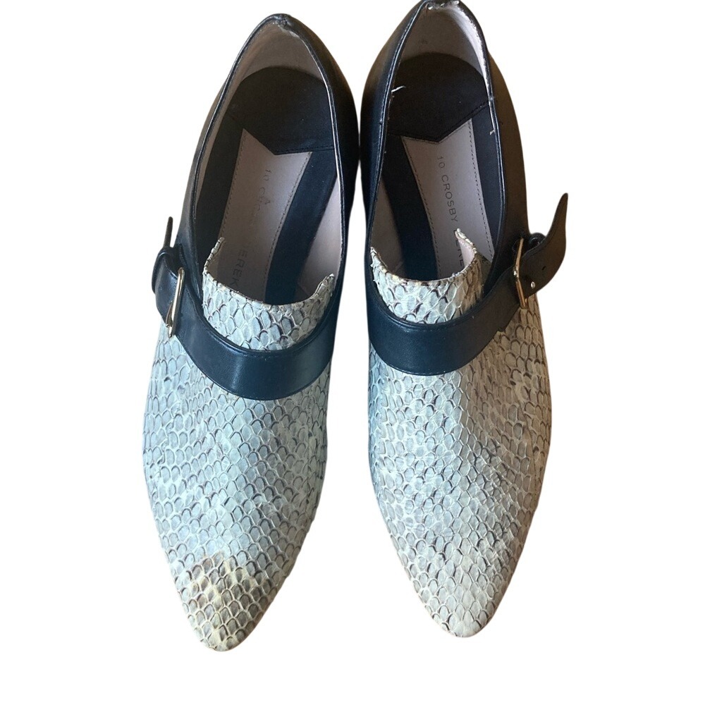 Derek Lam 10 Crosby Roland White Black Snakeskin Monk Mule Sz 6.5 w/ side buckle